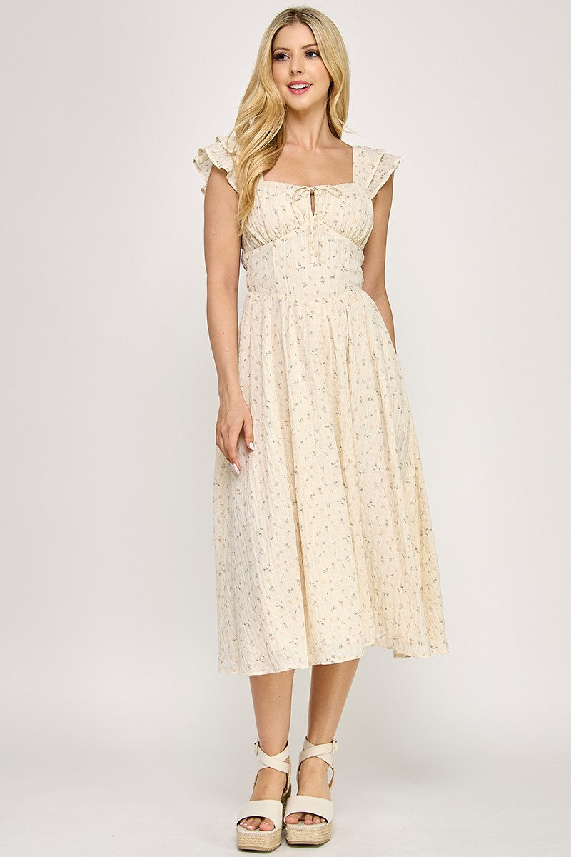 D5534S Flutter Sleeve Smocked Midi Dress