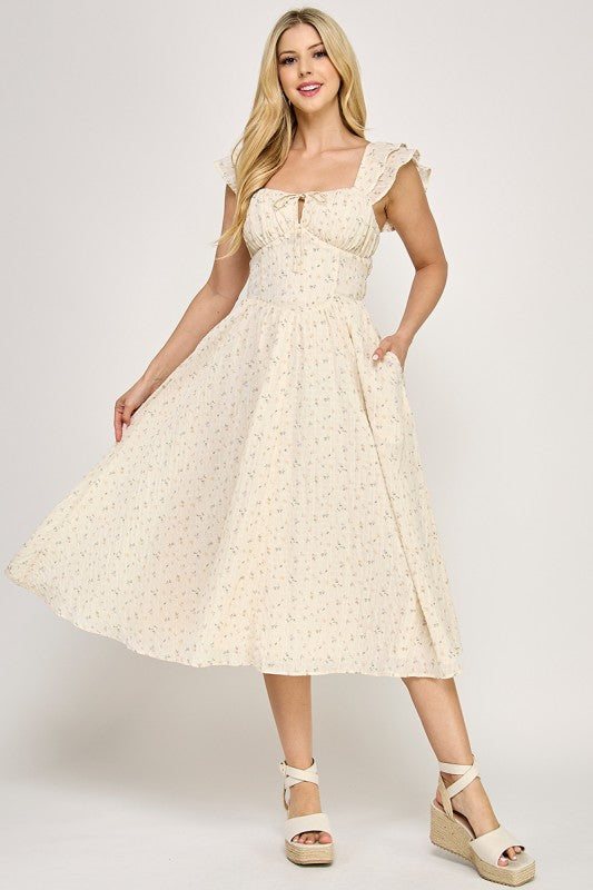 D5534S Flutter Sleeve Smocked Midi Dress