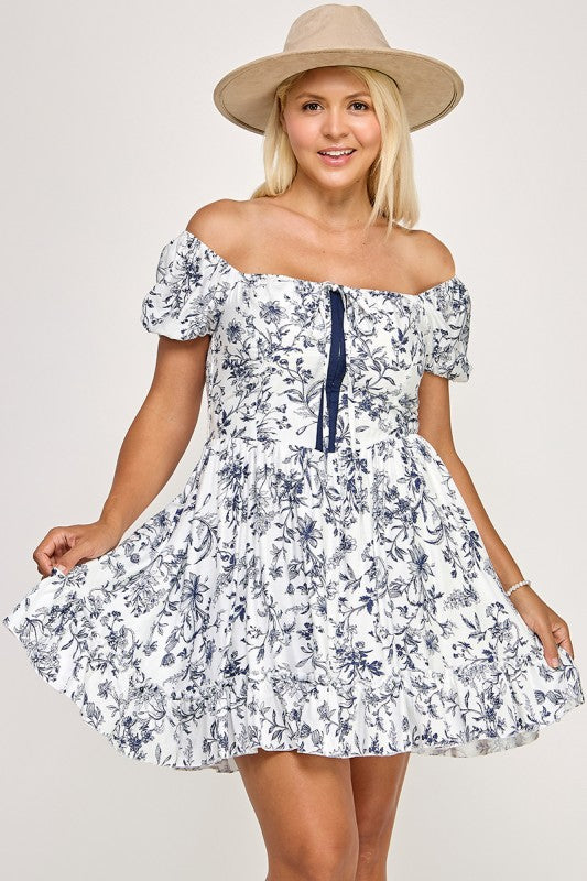 D5420X-1 Corset Waist Puff Sleeve Mini Dress