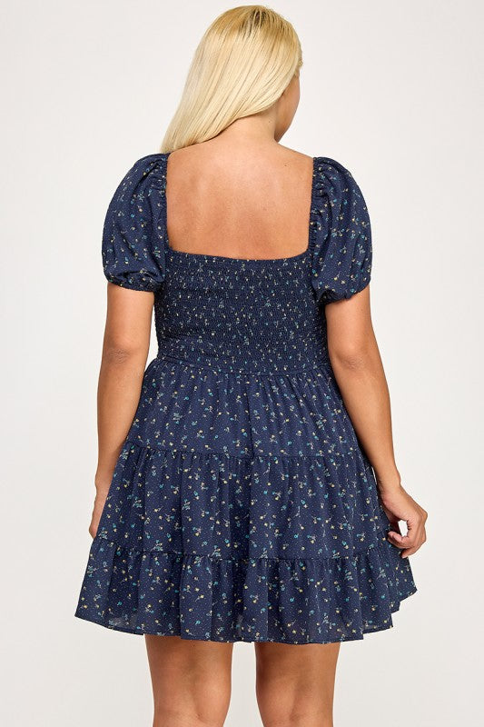 D5297X-1 Floral Smocked Puff Sleeve Mini Dress