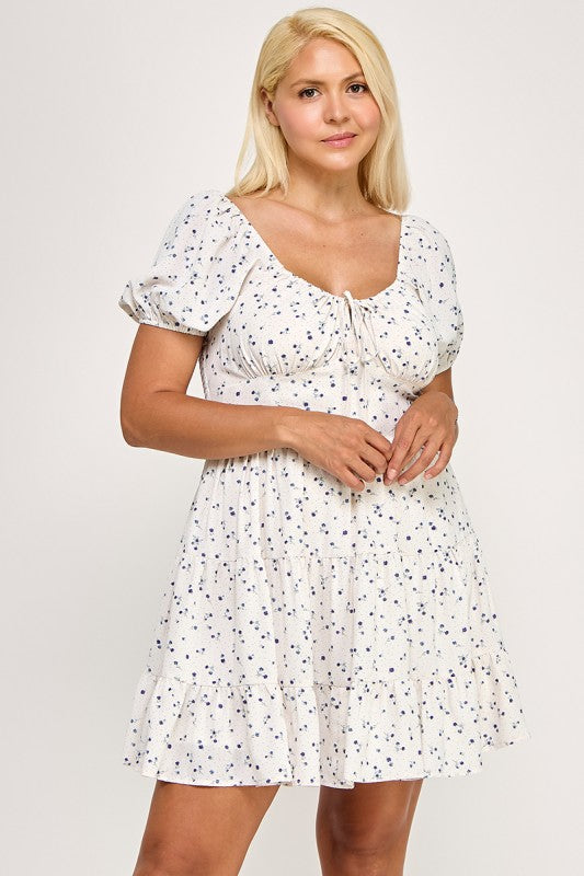 D5297X-1 Floral Smocked Puff Sleeve Mini Dress