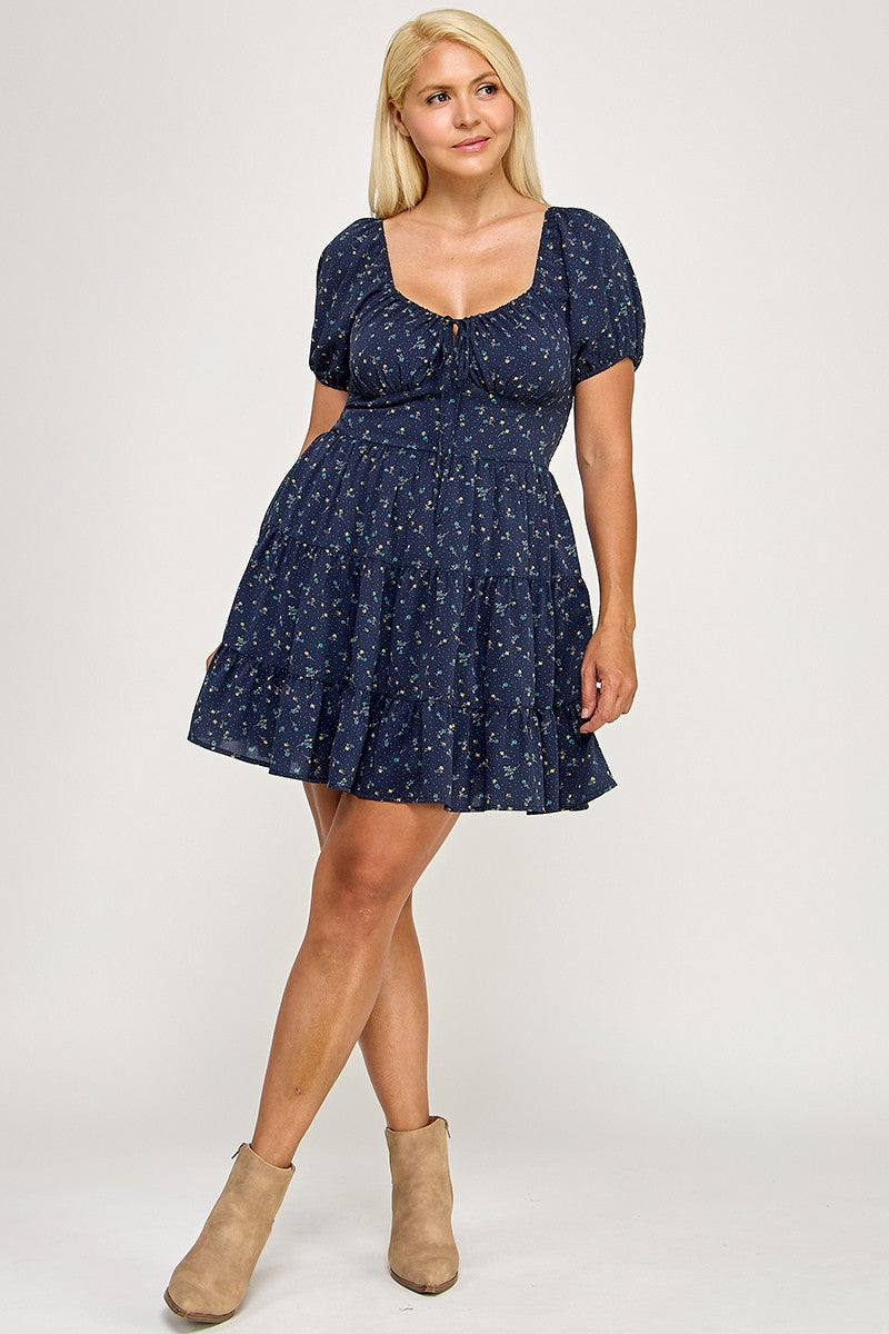 D5297X-1 Floral Smocked Puff Sleeve Mini Dress