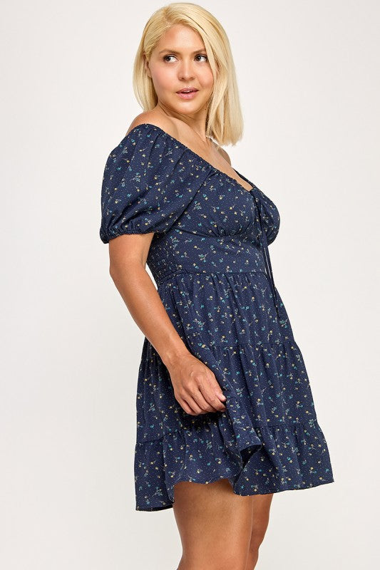 D5297X-1 Floral Smocked Puff Sleeve Mini Dress