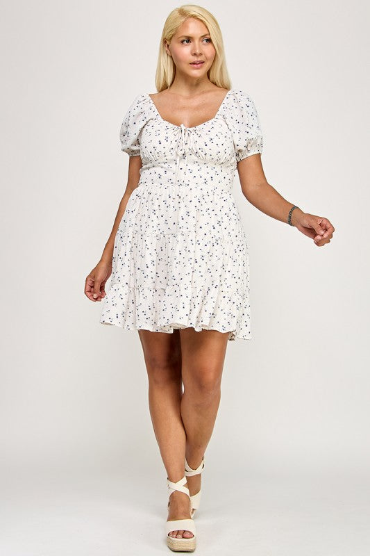 D5297X-1 Floral Smocked Puff Sleeve Mini Dress