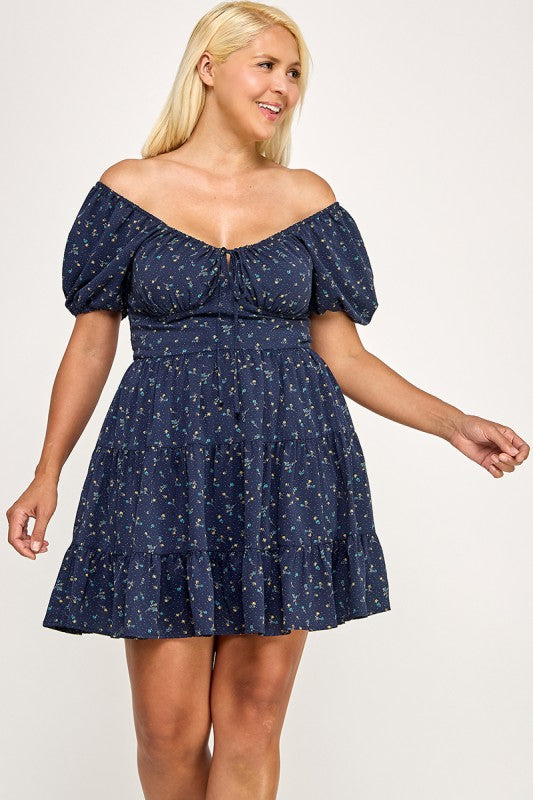 D5297X-1 Floral Smocked Puff Sleeve Mini Dress