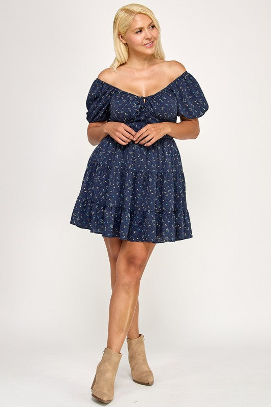 D5297X-1 Floral Smocked Puff Sleeve Mini Dress