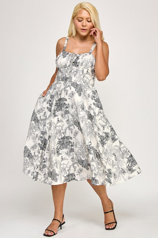 D5519X Printed Smocked Midi Dress