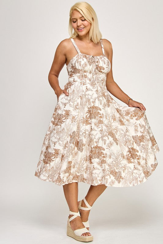 D5519X Printed Smocked Midi Dress