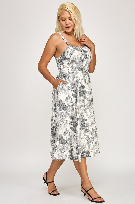 D5519X Printed Smocked Midi Dress