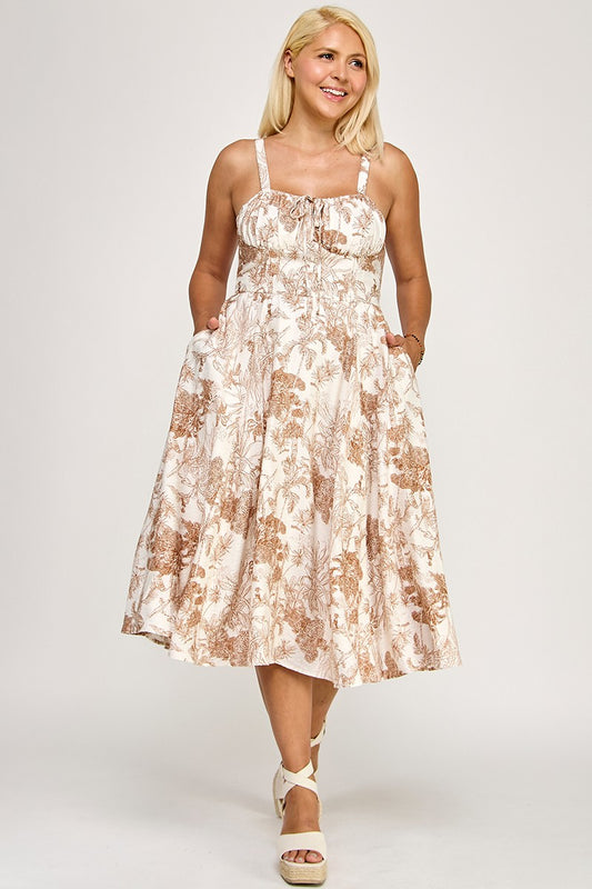 D5519X Printed Smocked Midi Dress