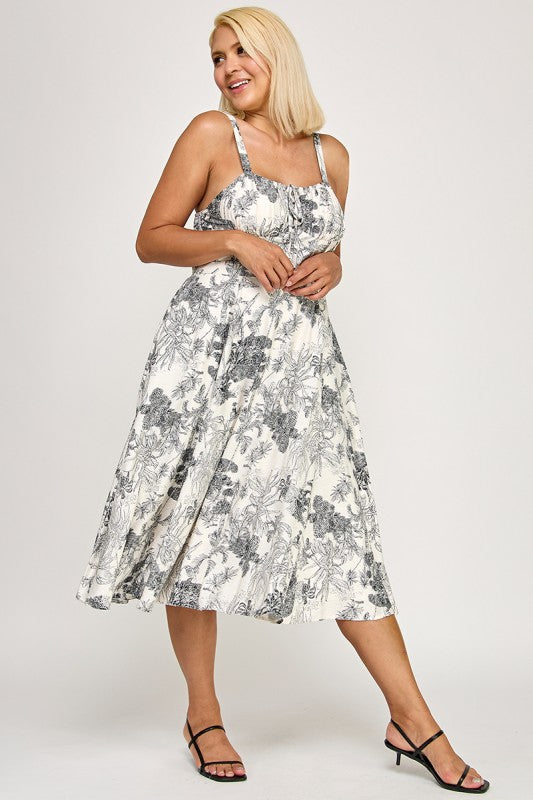 D5519X Printed Smocked Midi Dress