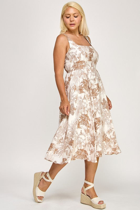 D5520X Square Neck Smocked Midi Dress with Pockets