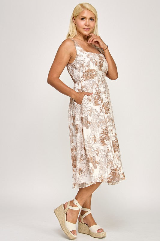 D5520X Square Neck Smocked Midi Dress with Pockets