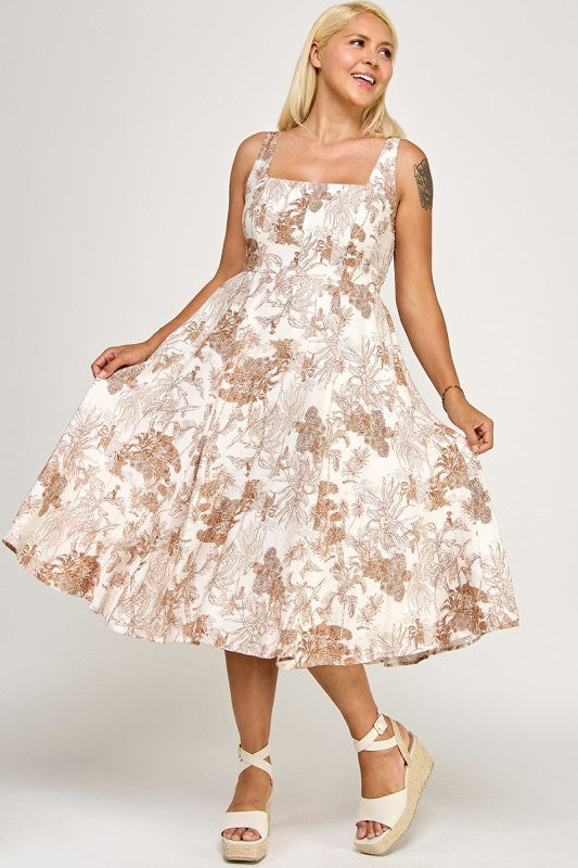 D5520X Square Neck Smocked Midi Dress with Pockets