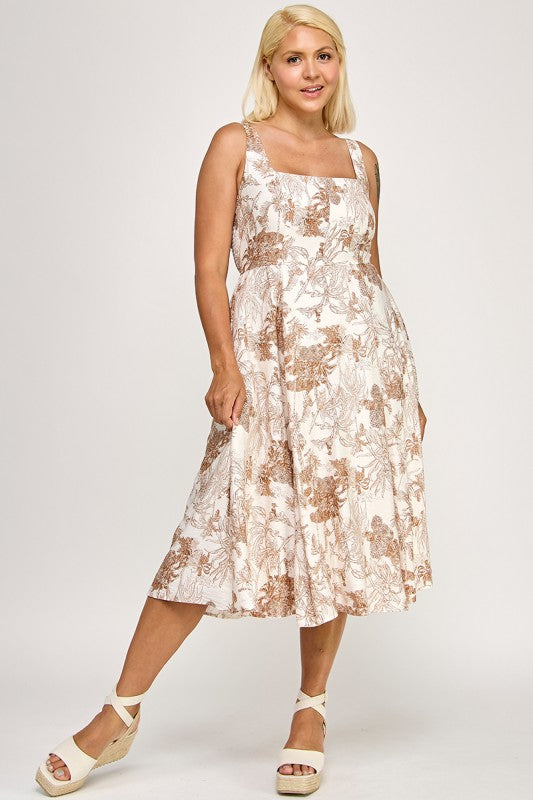 D5520X Square Neck Smocked Midi Dress with Pockets