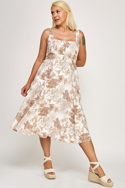 D5520X Square Neck Smocked Midi Dress with Pockets