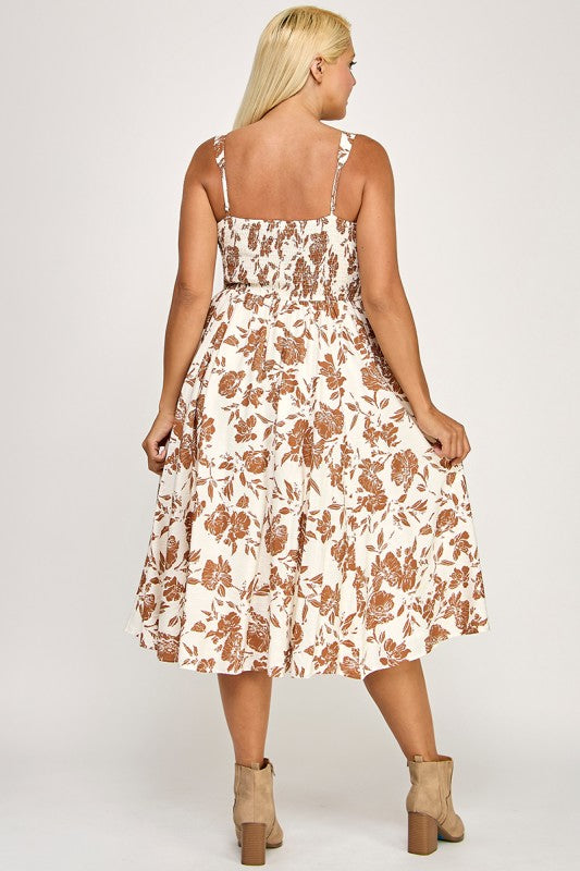 D5421X Crinkled Rose Print Dress with Pockets