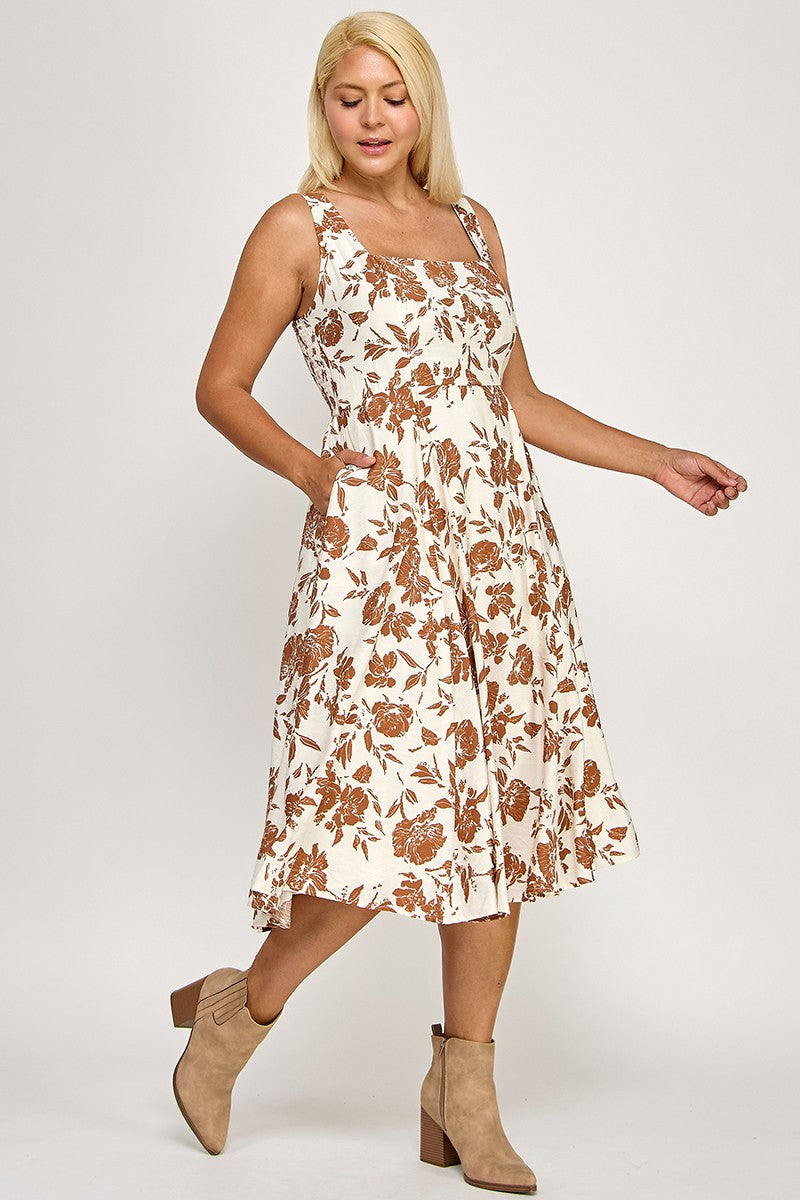 D5421X Crinkled Rose Print Dress with Pockets