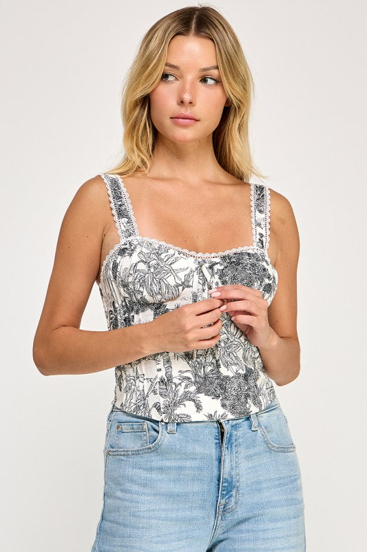 T5304-2 Lace Trim Floral Corset Top