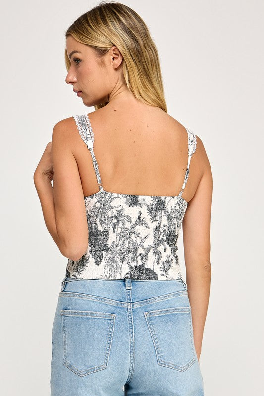 T5304-2 Lace Trim Floral Corset Top