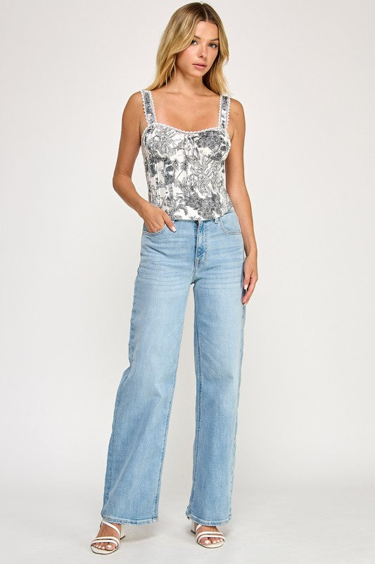 T5304-2 Lace Trim Floral Corset Top