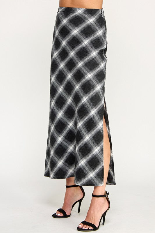 S5396 Plaid Side-Slit Long Skirt