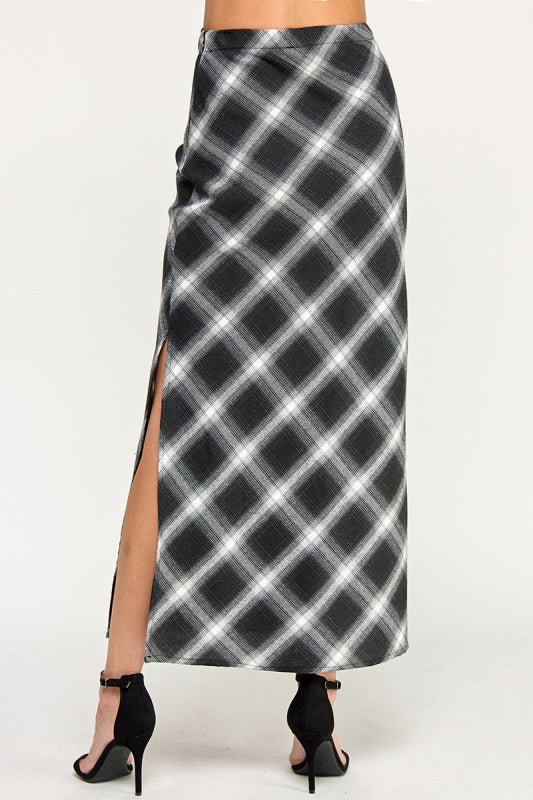 S5396 Plaid Side-Slit Long Skirt