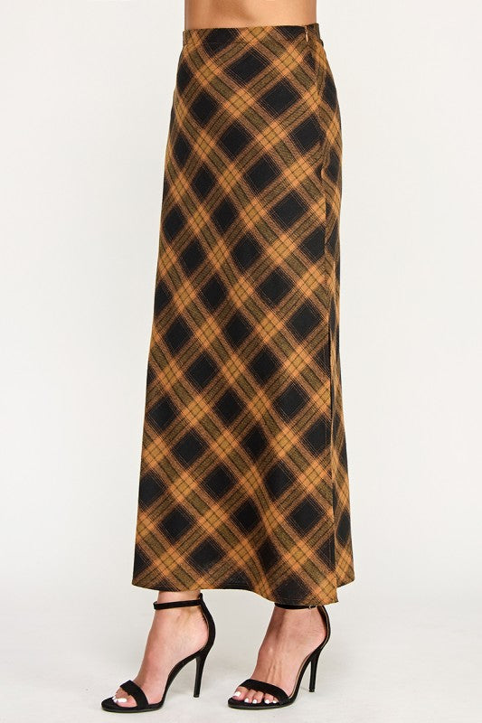 S5396 Plaid Side-Slit Long Skirt