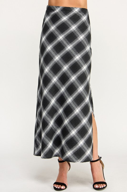 S5396 Plaid Side-Slit Long Skirt