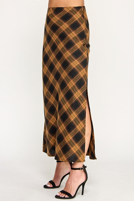 S5396 Plaid Side-Slit Long Skirt