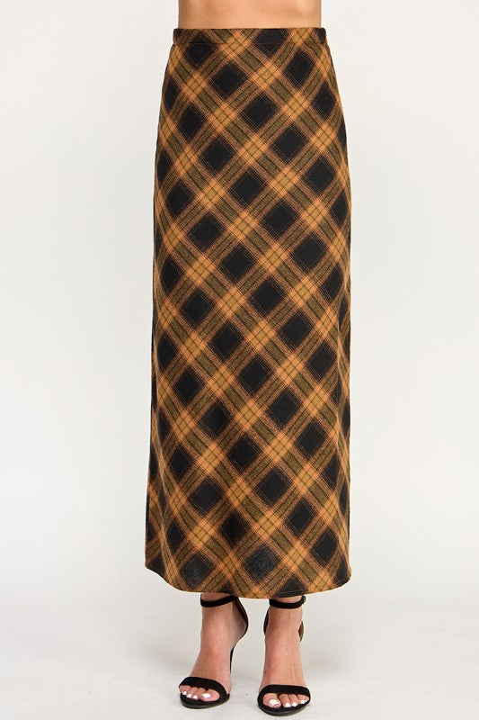 S5396 Plaid Side-Slit Long Skirt
