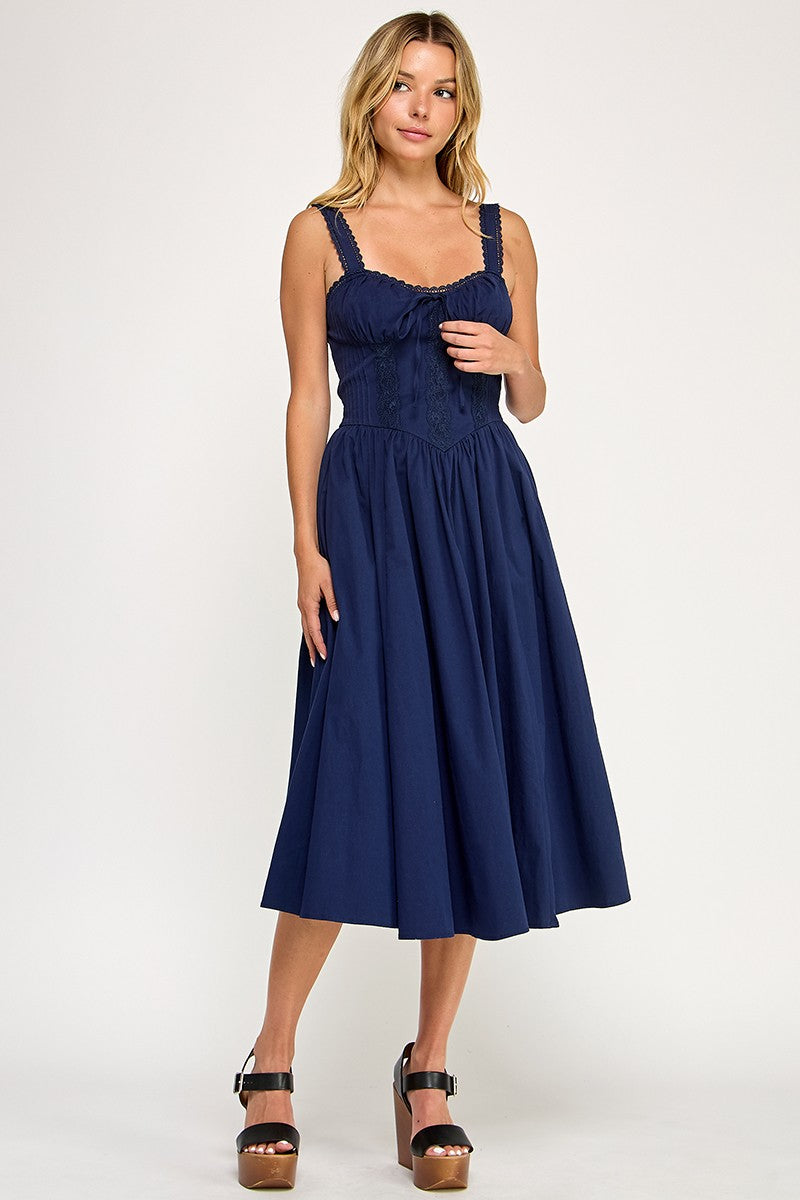 D5572 Lace Detail Smocked Midi Dress
