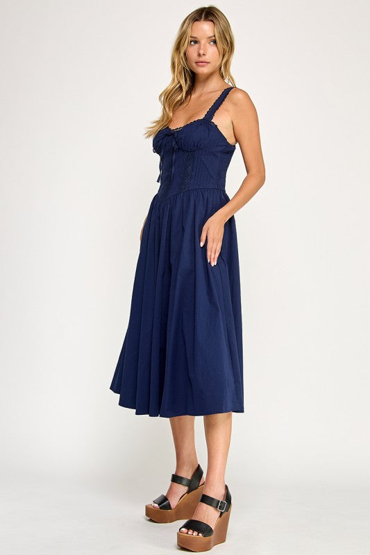 D5572 Lace Detail Smocked Midi Dress