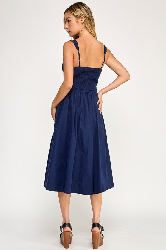 D5572 Lace Detail Smocked Midi Dress
