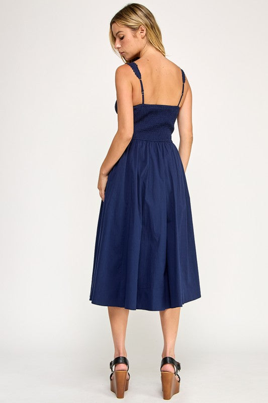 D5572 Lace Detail Smocked Midi Dress