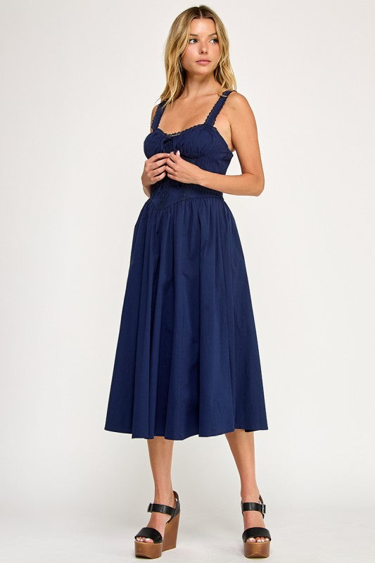 D5572 Lace Detail Smocked Midi Dress