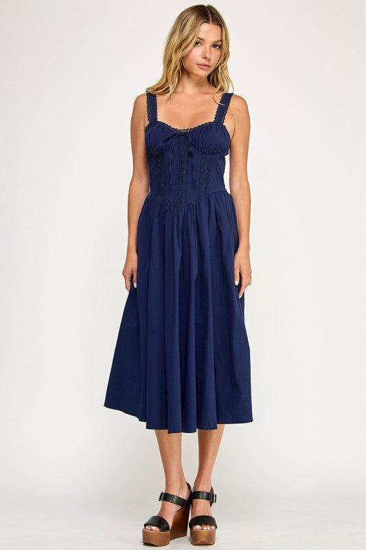 D5572 Lace Detail Smocked Midi Dress