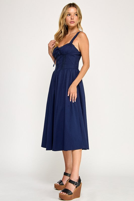 D5572 Lace Detail Smocked Midi Dress