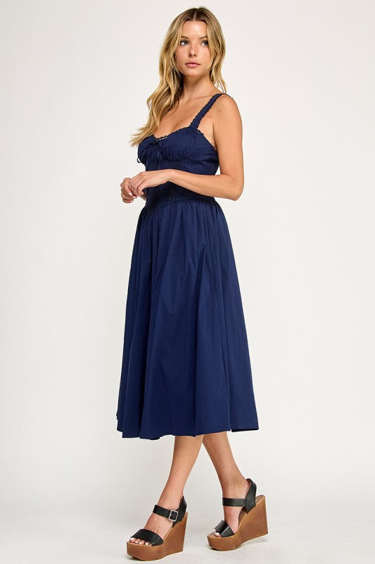 D5572 Lace Detail Smocked Midi Dress