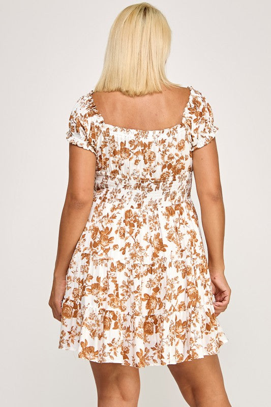 D4198X-8 Floral Smocked Short Sleeve Dress