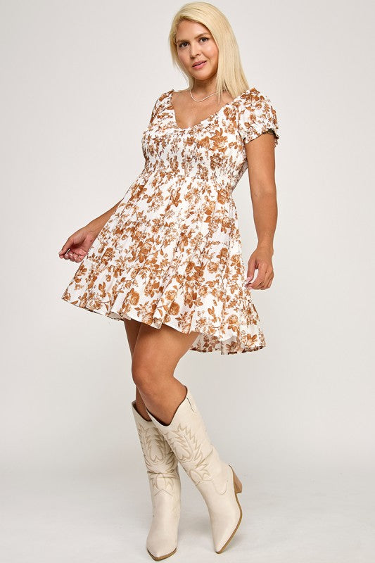 D4198X-8 Floral Smocked Short Sleeve Dress