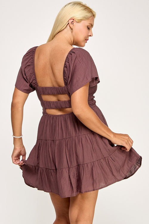 D5254X Smocked Tiered Mini Dress with Open Back