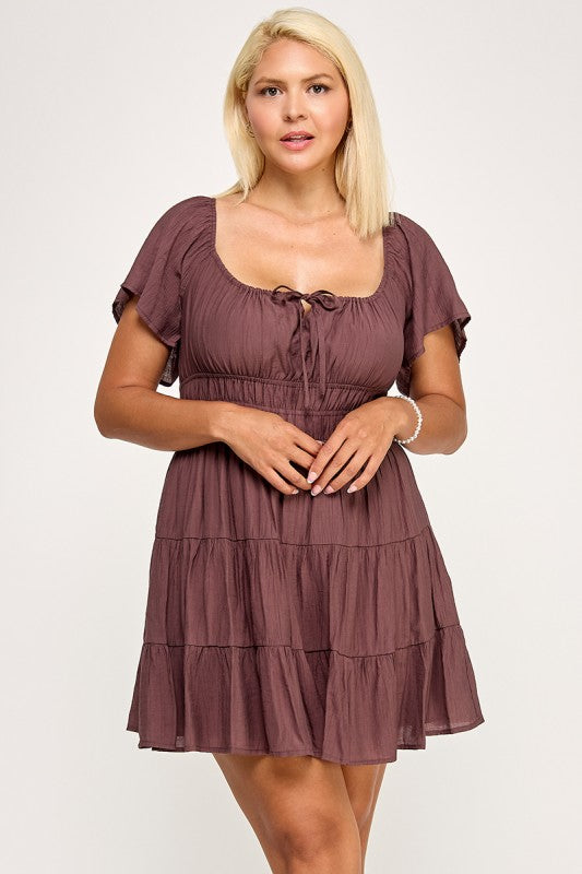 D5254X Smocked Tiered Mini Dress with Open Back