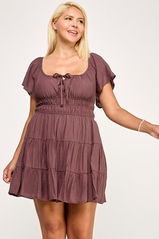 D5254X Smocked Tiered Mini Dress with Open Back