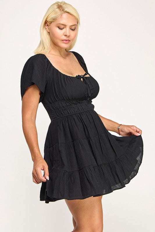 D5254X Smocked Tiered Mini Dress with Open Back