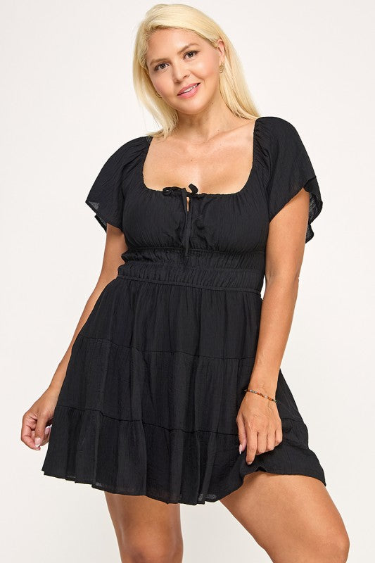 D5254X Smocked Tiered Mini Dress with Open Back