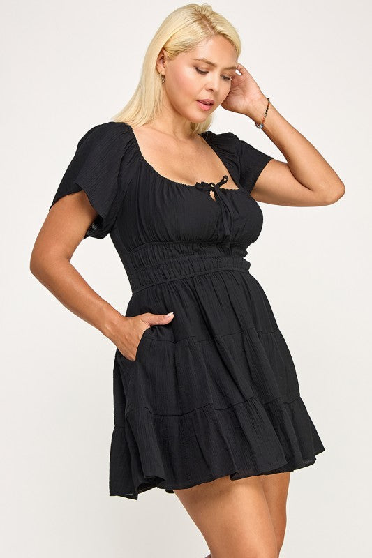 D5254X Smocked Tiered Mini Dress with Open Back