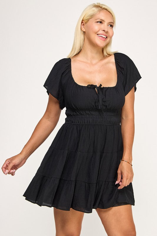 D5254X Smocked Tiered Mini Dress with Open Back