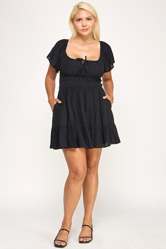 D5254X Smocked Tiered Mini Dress with Open Back