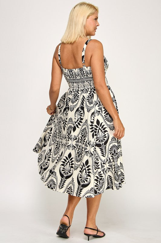 D5279X-3 Printed Smocked Midi Dress with Tie Front